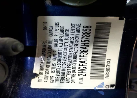 2010 Honda Civic Vp из США, поврежденный, VIN 2HGFA1F36AH578858